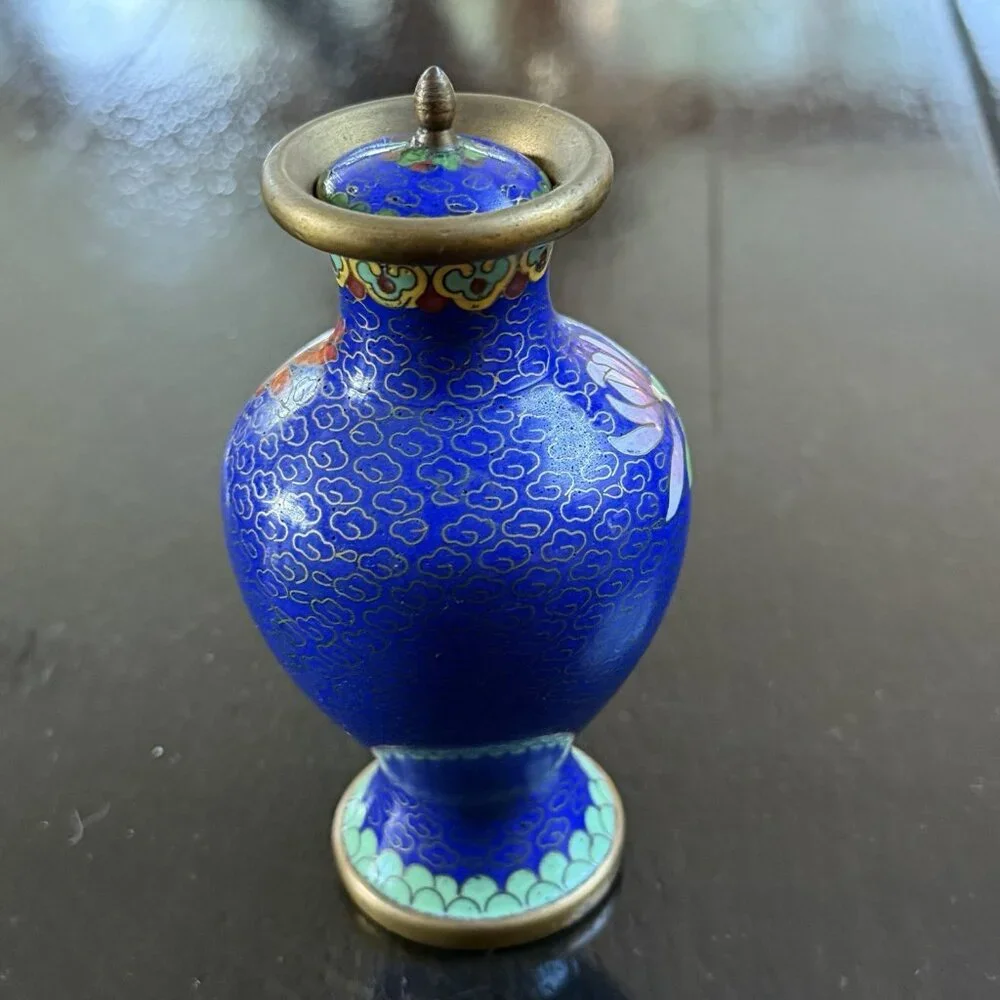 Vintage Chinese Cloisonne Enamel Vase Lidded Brass Enamel Flower Motifs Decor